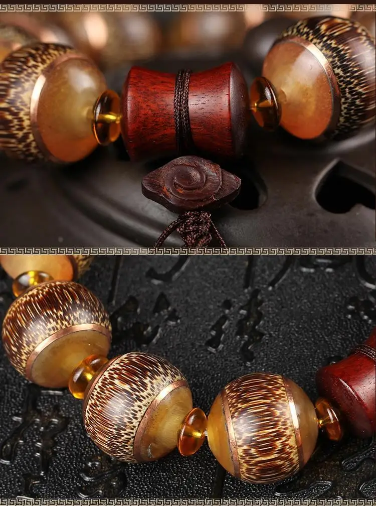 金曜角契·HornRoot — Dragon Blood Golden Bamboo Bracelet | 20mm Beads · Yak Horn Inlay · Religious Wedding Jewelry for Lovers 6 kf S739d3b5b41464aeba973697c5ae185585