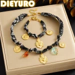 Jīnméi Xīnyùn(金玫心韵) · DIEYURO — Golden Rose Heart Crystal Jewelry Set | 316L Stainless Steel · Black Ribbon Necklace & Bracelet · Party Gift for Women