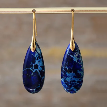 Lányǐn Shíguāng（蓝隐时光） · Dzinbu — Emperor Stone Waterdrop Earrings | Copper Hook · Deep Blue Mosaic · Bohemian Ethnic Jewelry for Women