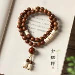 梵曜山契·SoulHill — Golden Silk Sandalwood Double-Circle Bracelet | Bamboo & Purple-Gold Mouse Accents · Wenwan Handheld Jewelry