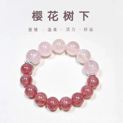 Natural Pink Strawberry Bracelet Women'S Elastic Beaded Jewelry Girlfriend