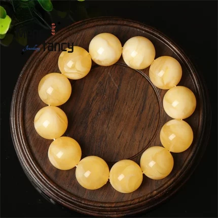 Huāyàn Jīyóu（花琰鸡油) · Hetianara — White Flower Chicken Oil Yellow Beeswax Bracelet | Original Amber · Round Beads · Elegant Single Loop Unisex Jewelry