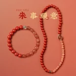 澈曜朱缘·UMQ Cinnabar & Rhodochrosite Double Ring Bracelet — Lucky Fortune Edition | Raw Ore Beads · Strawberry Crystal Accent · Handmade Ornament for Lovers
