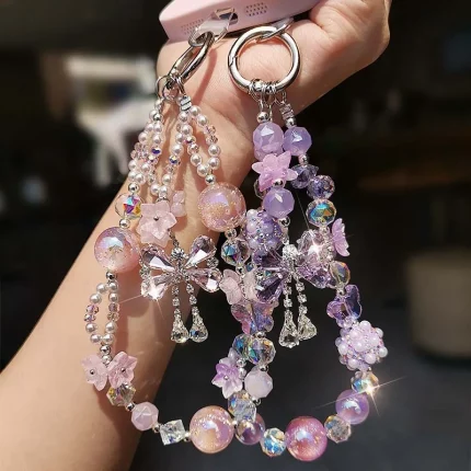 Jīngyì Huāliàn（晶艺花链) · NoEnName_Null — Exquisite Handmade Bead Bow Phone Lanyard | Luxury Crystal Flower Mobile Charm · Wrist Strap Keychain for Women