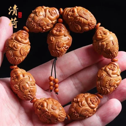 曜财舟契·Zhoushara — 2.2cm Large Seed God of Wealth Bracelet | Zhoushan Olive Nucleus Carving · Boutique Wenwan Strand