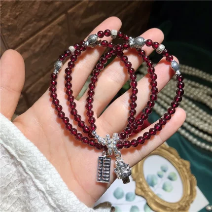 曜绣灵璇·Garnabacus — Ethnic Garnet × 925 Silver Charm Bracelet | Cat, Abacus & Fish Motifs · Three-Row Vintage Jewelry for Women